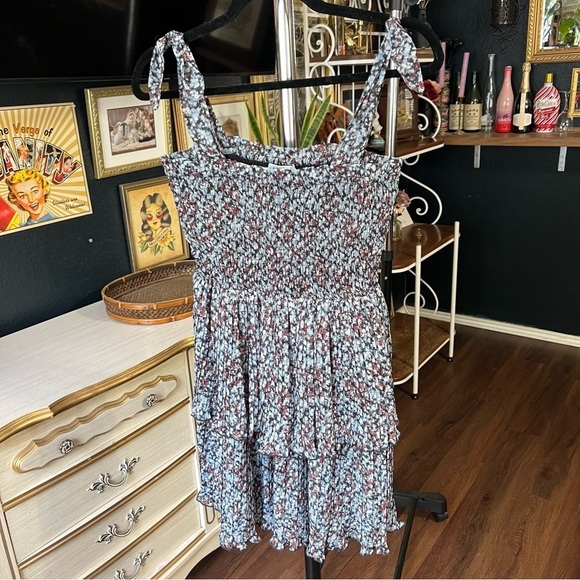 Ganni Printed Pleated Georgette Mini Dress Phantom Size 4 US - Picture 5 of 11